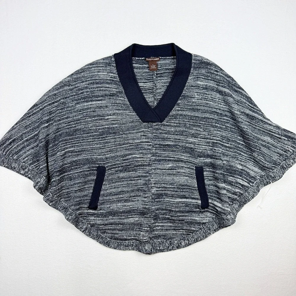Elliott Lauren Knit Poncho V-Neck Pullover Sweater Pockets Blue XS‎ Womens